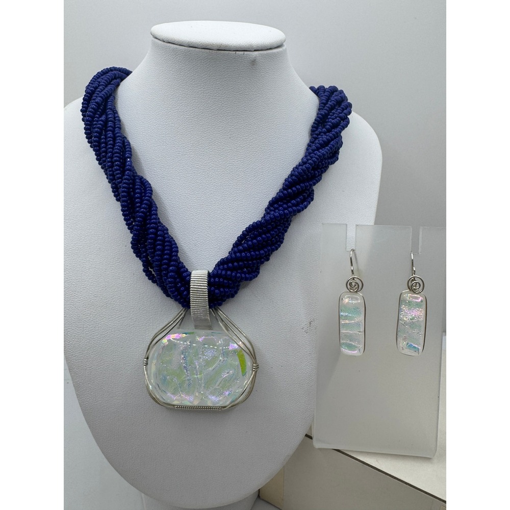Artisan Dichroic Glass Wire Wrapped Necklace Earrings Set Blue Seed Bead Artisan